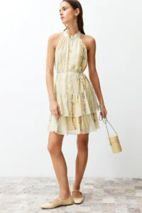 TRENDYOLMİLLA Yellow flower patterned A-Cut Boho Layered Lined Siphon Flight Flight Weaving Mini Dress - Image 6
