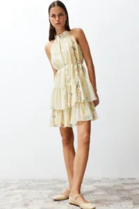 TRENDYOLMİLLA Yellow flower patterned A-Cut Boho Layered Lined Siphon Flight Flight Weaving Mini Dress - Image 7