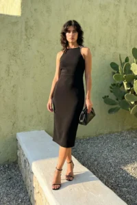 TRENDYOLMİLLA Black Fitted Collar Accessory Detailed Midi Pencil Skirt Weaving Dress