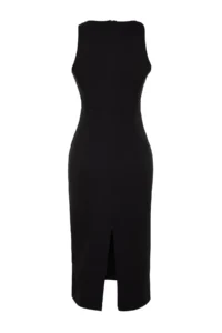 TRENDYOLMİLLA Black Fitted Collar Accessory Detailed Midi Pencil Skirt Weaving Dress - Image 10
