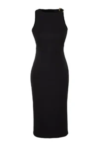 TRENDYOLMİLLA Black Fitted Collar Accessory Detailed Midi Pencil Skirt Weaving Dress - Image 8