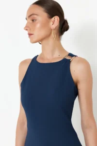 TRENDYOLMİLLA Petrol Blue Blue Blue Fitted Collar Accessory Detailed Midi Pencil Skirt Weaving Dress - Image 2