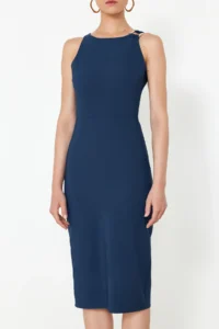 TRENDYOLMİLLA Petrol Blue Blue Blue Fitted Collar Accessory Detailed Midi Pencil Skirt Weaving Dress - Image 3