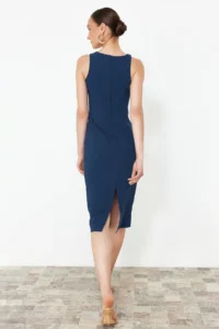 TRENDYOLMİLLA Petrol Blue Blue Blue Fitted Collar Accessory Detailed Midi Pencil Skirt Weaving Dress - Image 5