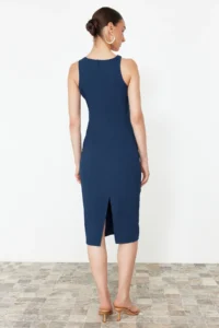 TRENDYOLMİLLA Petrol Blue Blue Blue Fitted Collar Accessory Detailed Midi Pencil Skirt Weaving Dress - Image 6