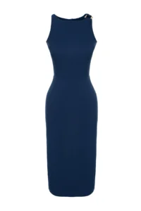 TRENDYOLMİLLA Petrol Blue Blue Blue Fitted Collar Accessory Detailed Midi Pencil Skirt Weaving Dress - Image 7