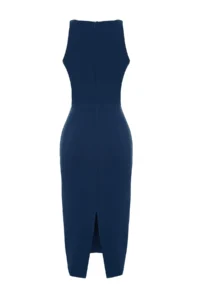 TRENDYOLMİLLA Petrol Blue Blue Blue Fitted Collar Accessory Detailed Midi Pencil Skirt Weaving Dress - Image 8