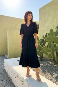 TRENDYOLMİLLA Black Belted Weaving Double breasted Collar Back Detailed Midi Weaving Dress - Image 2