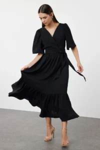TRENDYOLMİLLA Black Belted Weaving Double breasted Collar Back Detailed Midi Weaving Dress - Image 3