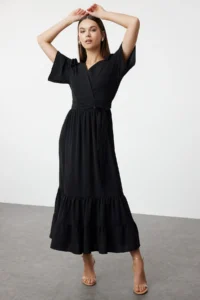 TRENDYOLMİLLA Black Belted Weaving Double breasted Collar Back Detailed Midi Weaving Dress - Image 4