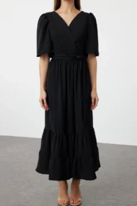 TRENDYOLMİLLA Black Belted Weaving Double breasted Collar Back Detailed Midi Weaving Dress - Image 5