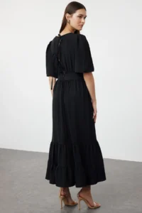 TRENDYOLMİLLA Black Belted Weaving Double breasted Collar Back Detailed Midi Weaving Dress - Image 7