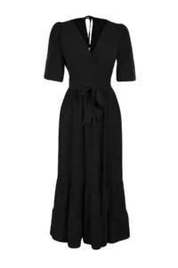 TRENDYOLMİLLA Black Belted Weaving Double breasted Collar Back Detailed Midi Weaving Dress - Image 8