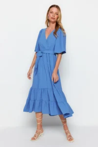 TRENDYOLMİLLA Indigo Belted A-Cut Double breasted Collar Back Detailed Midi Weaving Dress