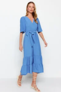 TRENDYOLMİLLA Indigo Belted A-Cut Double breasted Collar Back Detailed Midi Weaving Dress - Image 2