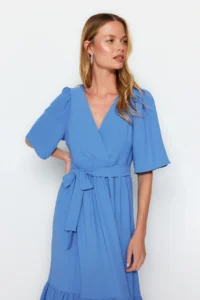 TRENDYOLMİLLA Indigo Belted A-Cut Double breasted Collar Back Detailed Midi Weaving Dress - Image 3