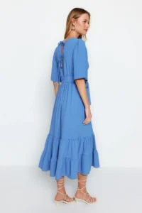 TRENDYOLMİLLA Indigo Belted A-Cut Double breasted Collar Back Detailed Midi Weaving Dress - Image 5