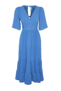 TRENDYOLMİLLA Indigo Belted A-Cut Double breasted Collar Back Detailed Midi Weaving Dress - Image 6
