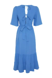 TRENDYOLMİLLA Indigo Belted A-Cut Double breasted Collar Back Detailed Midi Weaving Dress - Image 8