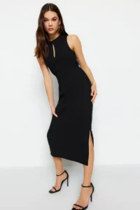 TRENDYOLMİLLA Black Cut Out Detailed bodycone/Fitting Dog collar Knitting Pen Dress - Image 2