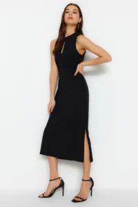 TRENDYOLMİLLA Black Cut Out Detailed bodycone/Fitting Dog collar Knitting Pen Dress - Image 3