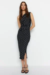 TRENDYOLMİLLA Black Printed Fitted One Shoulder Asymmetric Gather Detailed Knitting Pen Dress
