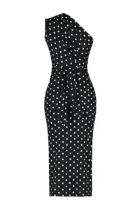 TRENDYOLMİLLA Black Printed Fitted One Shoulder Asymmetric Gather Detailed Knitting Pen Dress - Image 8
