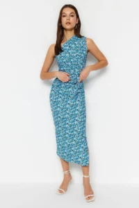 TRENDYOLMİLLA Mavi Printed Body-Fitting One Shoulder Asymmetric Degaje Detailed Knitting Flexible Pen Dress
