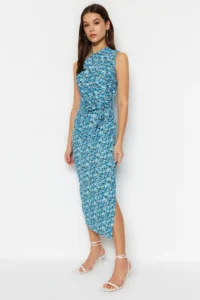 TRENDYOLMİLLA Mavi Printed Body-Fitting One Shoulder Asymmetric Degaje Detailed Knitting Flexible Pen Dress - Image 2