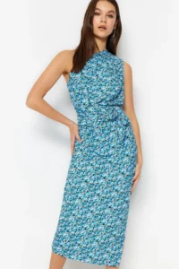 TRENDYOLMİLLA Mavi Printed Body-Fitting One Shoulder Asymmetric Degaje Detailed Knitting Flexible Pen Dress - Image 3
