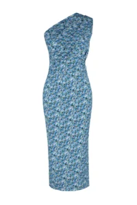 TRENDYOLMİLLA Mavi Printed Body-Fitting One Shoulder Asymmetric Degaje Detailed Knitting Flexible Pen Dress - Image 7