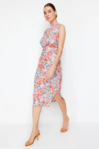 TRENDYOLMİLLA Multicolored Fitted One Shoulder Asymmetric Ruffle Detailed Knitting Midi Pen Dress
