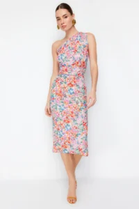 TRENDYOLMİLLA Multicolored Fitted One Shoulder Asymmetric Ruffle Detailed Knitting Midi Pen Dress - Image 2