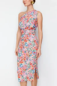 TRENDYOLMİLLA Multicolored Fitted One Shoulder Asymmetric Ruffle Detailed Knitting Midi Pen Dress - Image 3