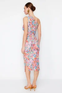 TRENDYOLMİLLA Multicolored Fitted One Shoulder Asymmetric Ruffle Detailed Knitting Midi Pen Dress - Image 6
