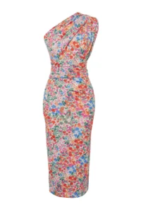 TRENDYOLMİLLA Multicolored Fitted One Shoulder Asymmetric Ruffle Detailed Knitting Midi Pen Dress - Image 7
