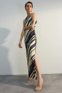 TRENDYOLMİLLA Multicolored Batik Patterned Plain Kesim Sleeveless Maxi Lined Satin Weaving Dress