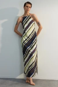 TRENDYOLMİLLA Multicolored Batik Patterned Plain Kesim Sleeveless Maxi Lined Satin Weaving Dress - Image 2