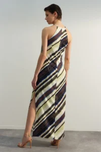 TRENDYOLMİLLA Multicolored Batik Patterned Plain Kesim Sleeveless Maxi Lined Satin Weaving Dress - Image 5