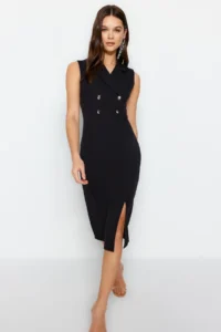 TRENDYOLMİLLA Black Bodycon Button Detailed Slit Midi Pencil Skirt Weaving Dress