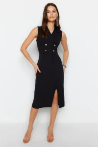 TRENDYOLMİLLA Black Bodycon Button Detailed Slit Midi Pencil Skirt Weaving Dress - Image 2