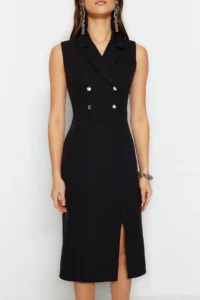 TRENDYOLMİLLA Black Bodycon Button Detailed Slit Midi Pencil Skirt Weaving Dress - Image 4