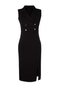 TRENDYOLMİLLA Black Bodycon Button Detailed Slit Midi Pencil Skirt Weaving Dress - Image 7