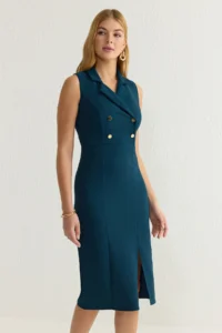 TRENDYOLMİLLA Petrol Blue Blue Blue Bodysuit hugging Jacket Yaka Midi Weaving Dress