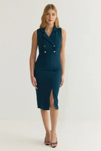 TRENDYOLMİLLA Petrol Blue Blue Blue Bodysuit hugging Jacket Yaka Midi Weaving Dress - Image 2