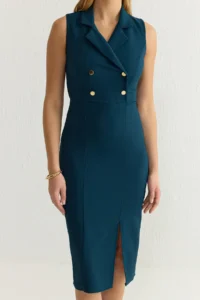 TRENDYOLMİLLA Petrol Blue Blue Blue Bodysuit hugging Jacket Yaka Midi Weaving Dress - Image 3