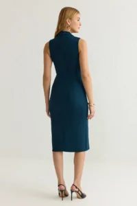 TRENDYOLMİLLA Petrol Blue Blue Blue Bodysuit hugging Jacket Yaka Midi Weaving Dress - Image 5