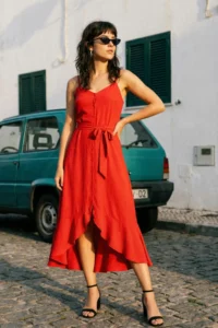 TRENDYOLMİLLA Rejection Belted A-Cut Flounced Button Detailed Weaving Maxi Dress