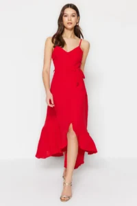 TRENDYOLMİLLA Rejection Belted A-Cut Flounced Button Detailed Weaving Maxi Dress - Image 3
