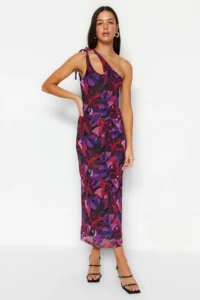 TRENDYOLMİLLA Multicolored Asymmetric Collar Tulle Lined Fitted Maxi Flexible Knitting Pen Dress